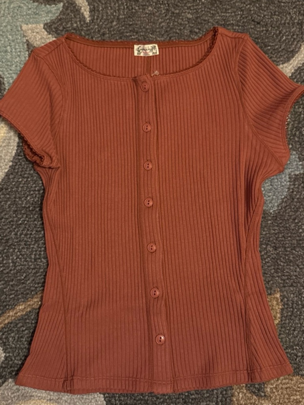 Free People Ribbed Button-Front Scoop Neck Top - Rust Brown